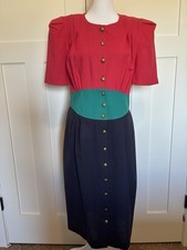 Vintage Leslie Fay Women's Dress Size 10 Short Sleeve Multi Colored Button Frf