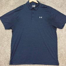 Under Armour Polo Shirt Men XL Navy Blue White Stripe Short Sleeve Golf HeatGear