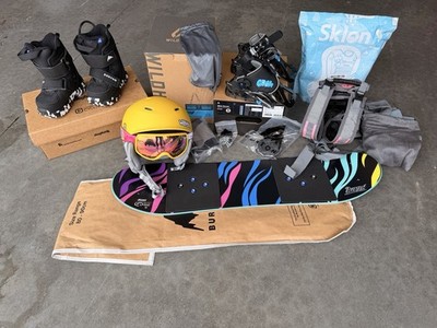 Toddler Burton Snowboard Setup - Board Boots Bindings Helmet Goggles Leash Vest