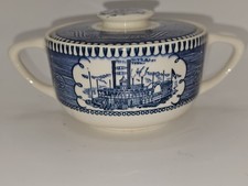 Vintage Royal China Currier & Ives Blue and White Sugar Bowl with Lid