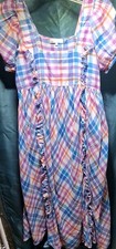 LOVESHACKFANCY Med Kimball Malibu Dream Plaid Midi Dress Puff Shoulder Blue Pink