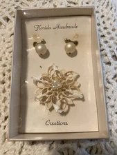 Vtg Florida Handmade Creations Seashell Brooch Pin, Clam Earrings,Flowers