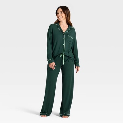 Women Cloud Knit Modal Long Sleeve Notch Collar Top and Pants Pajama
