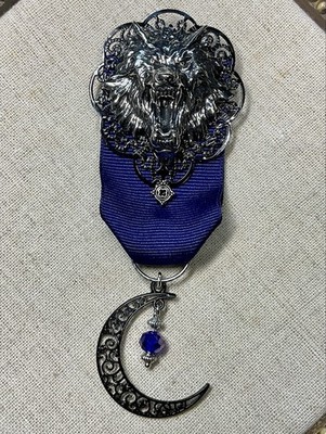 Steampunk brooch/Airship Medal- Wolf, Gothic, Blue Ribbon, Cosplay, 5  X 2 