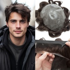 Men Toupee Human Hair System Full Mono PU Lace Thin Skin Hair Piece Replacements