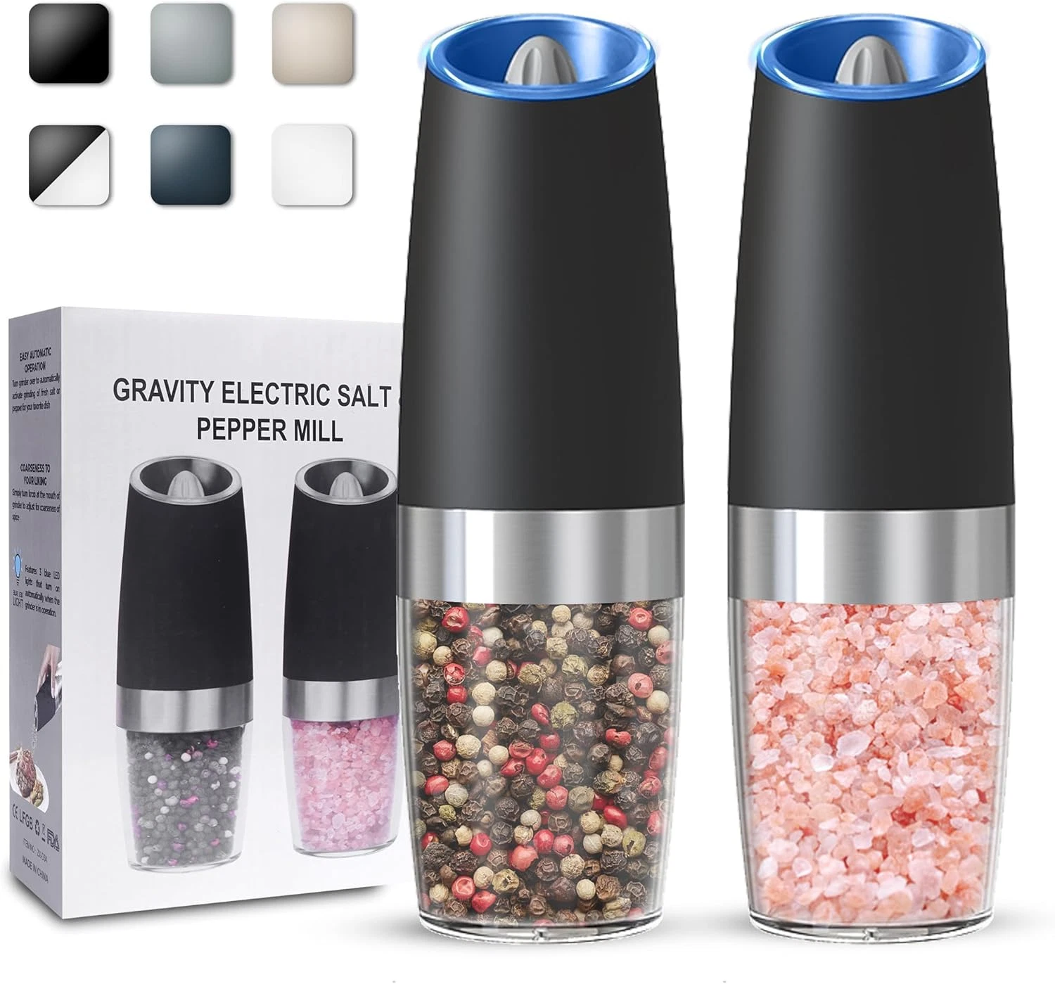 Gravity Electric Salt and Pepper Grinder, Battery Powered 2 Pack, (Black)
