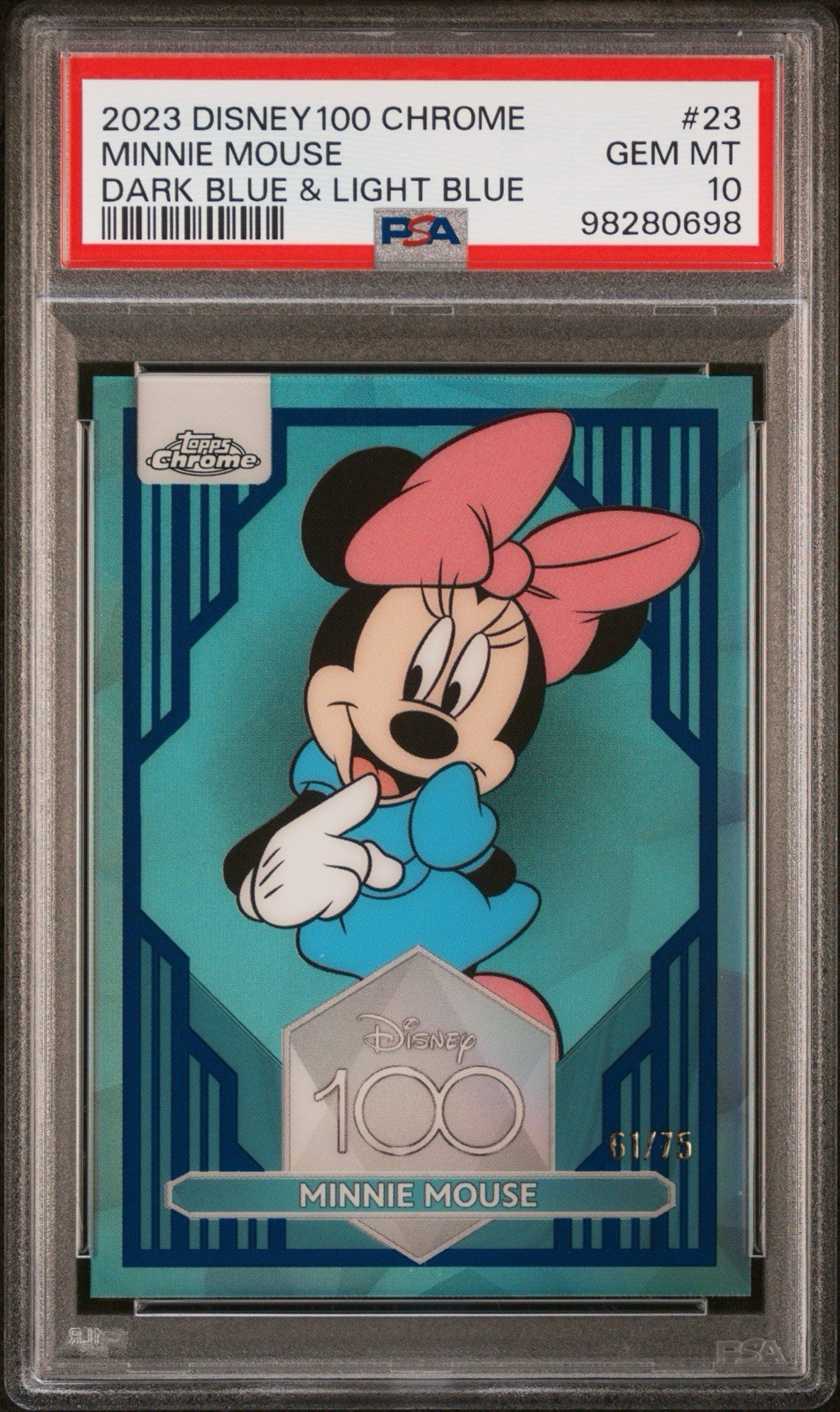 Topps 2023 Disney100 Chrome Minnie Mouse #23 Dark Blue & Light Blue /75 PSA 10