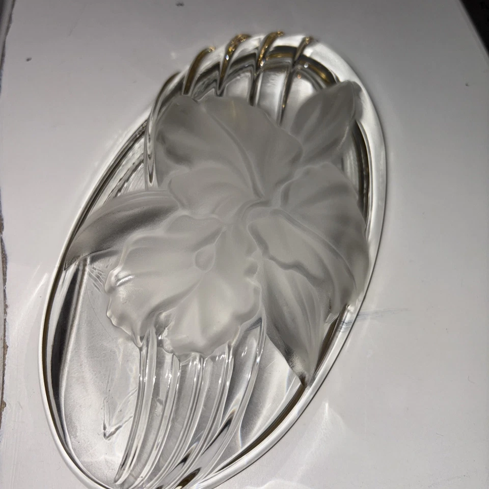 Vtg Studio Nova Crystal Frosted Orchid Flower Oval Open Candy Dish Gold Trim 7"L - Image 2 of 4