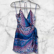Zara Satin Vibrant Blue And Pink Wrap Mini Dress Sz XS Nwt