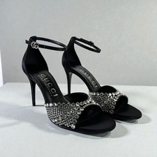 NIB Gucci Black Satin Crystal GG Buckle Sandals 80mm Heel Size EU37 US7