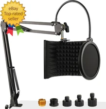 Microphone Isolation Shield with Mic Stand and Pop Filter, Foldable Sound Shield