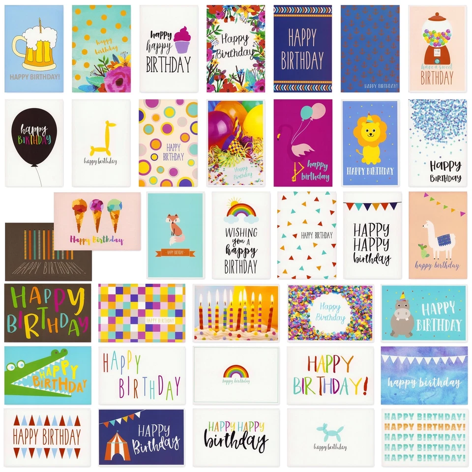 Paquete de 144 tarjetas de feliz cumpleaños en 36 diseños, interior en blanco con sobres, 4x6 pulgadas Foto 4 de 4