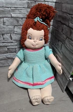 Vintage 24" Hand Made Rag Doll Red Yarn Hair Embroidered Face Knit Dress Plush