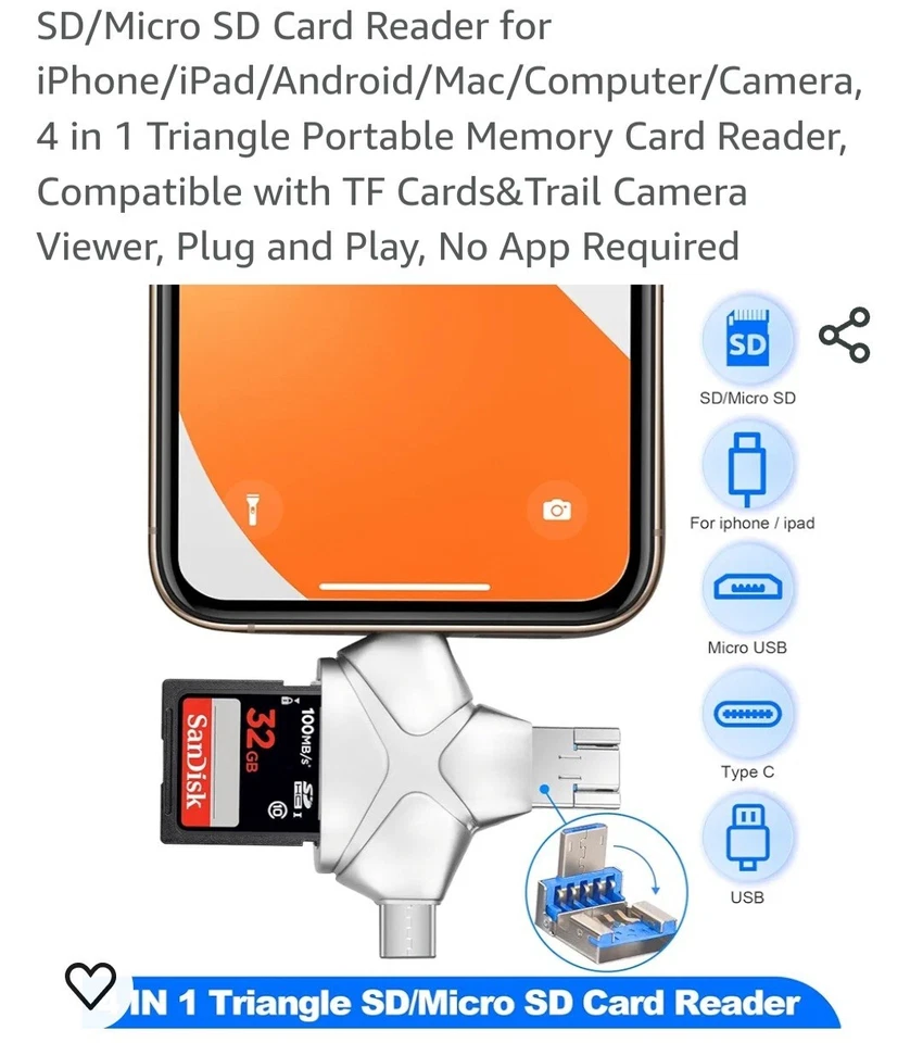 SD Micro SD Card Reader for Android Mac Computer Camera 4 in 1 Triangle Portable - Image 3 of 4