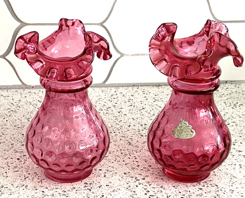 Fenton Ruby Overlay Polka Dot Vase 6 " Tall Ruffled Rim PAIR