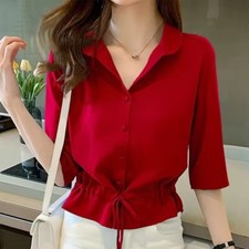 Summer Women Turn-down Collar Half Sleeve Chiffon Shirt Shirring Blouses Modern
