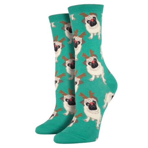 Socksmith Women's Crew Socks Antler Pug Puppy Dog Christmas Holiday Footwear - Picture 1 of 1