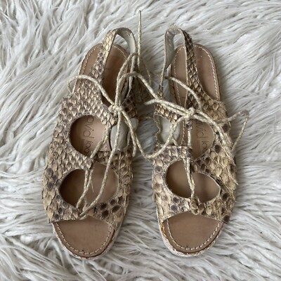 Joan & David Beige Snake Embossed Leather Lace Up Flat Espadrille Sandals Sz 37