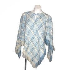 Boyne Valley Weavers Ireland Blue Plaid Fringe Poncho One Size