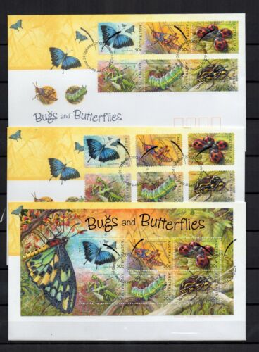 AUSTRALIE - Papillons BUGS & BUTTERFLIES - Série 6 Tp + Bloc + Adhésif sur 3 FDC - Photo 1/1