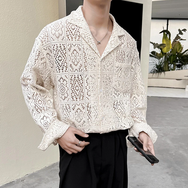 Hot Mens Hollow Out Lace Shirt See-Through Button Up Blouse Top Beach Party
Opens in a new window or