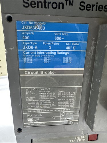 SIEMENS JXD63B400 400A 600V 3-POLE MOLDED CASE CIRCUIT BREAKER - Picture 2 of 10