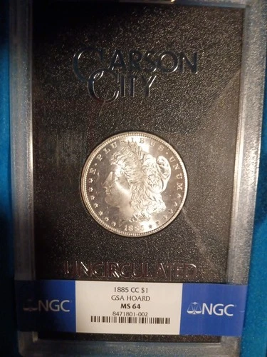 1885 CC Morgan Silver Dollar GSA Hoard box + COA NGC MS64