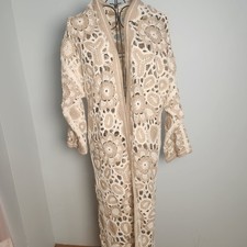 POL Boho Crochet Duster Cardigan One Size Cream Beige Long Open Front Festival