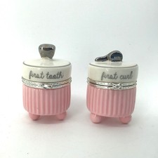 Mud Pie First Tooth First Curl Porcelain Boxes Pink White with Silver Accents