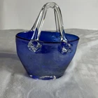 VINTAGE Murano Style Glass PURSE VASE Cobalt BLUE Handblown Handbag 7" gift