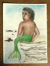 ACEO Art Card 2.5x3.5 -  Original Art Card Mer-person, Half Fish/Half Human