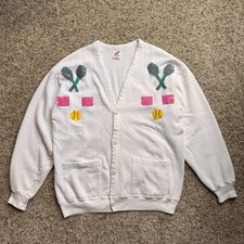 VTG 90s Jerzees Women’s White Cardigan One Size Made In USA Cotton Blend Retro