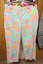 Vintage Lilly Pulitzer Womens Capris Pink Elephants  Flowers on Aqua Size 8