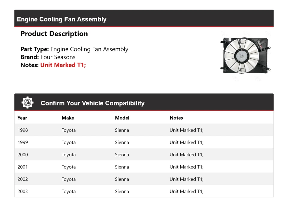 For 1998-2003 Toyota Sienna Engine Cooling Fan Assembly 4 Seasons 1999 2000 2001 - Image 2 of 4