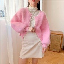 Cardigan Sweater In Finta Pelliccia Mohair Donna Cappotto Fluffy Bead Invernale