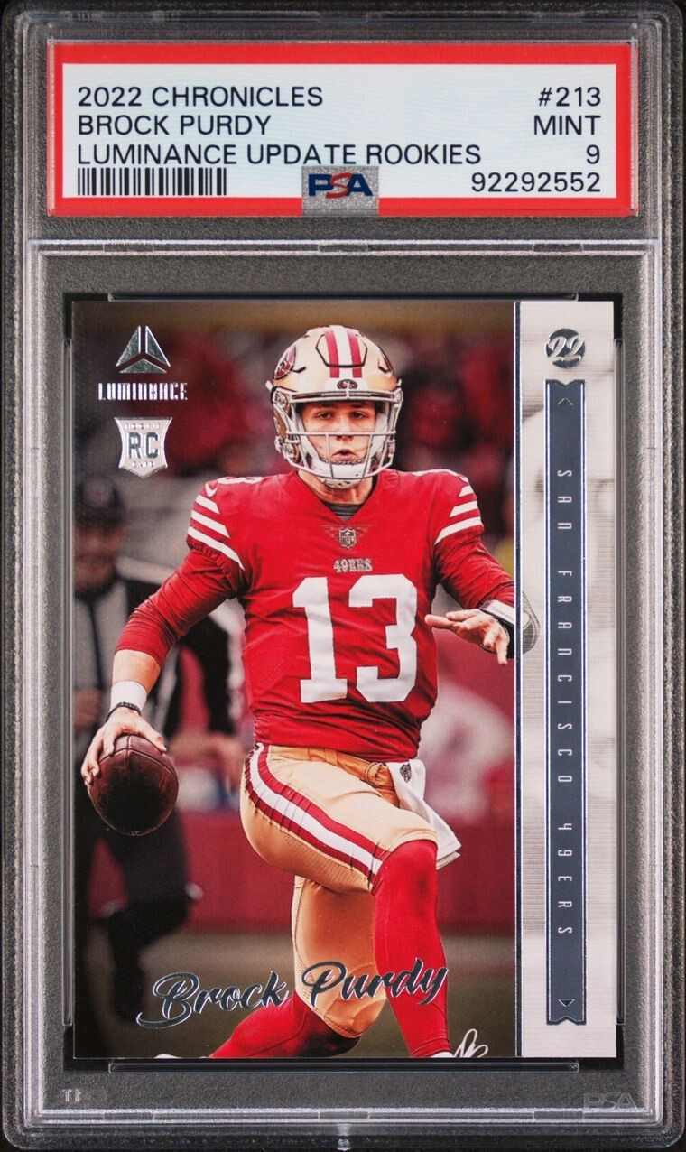 2022 PANINI CHRONICLES LUMINANCE UPDATE ROOKIES #213 BROCK PURDY ROOKIE RC PSA 9