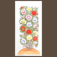 Vintage Korean Minhwa Flower Painting - Large Original Hanji Paper Wall Art