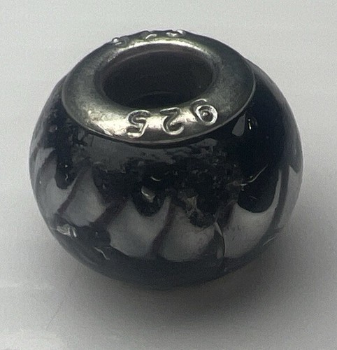 925 Sterling Silber Slide Charm Murano Glas Blase Perle Schwarz Weiß Spirale