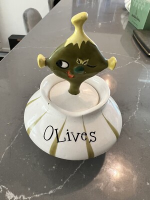 Vtg 1958 Holt Howard Pixie Ware Olives Jar w Pick Ceramic Japan
