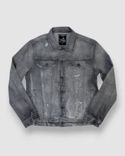 $298 PRPS Noir Men Gray Distressed Denim Trucker Jacket Size 2XL