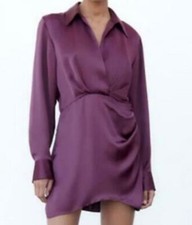 Zara Draped Bloggers Fave Collared Long Sleeve Satin Mini Dress V-Neck M