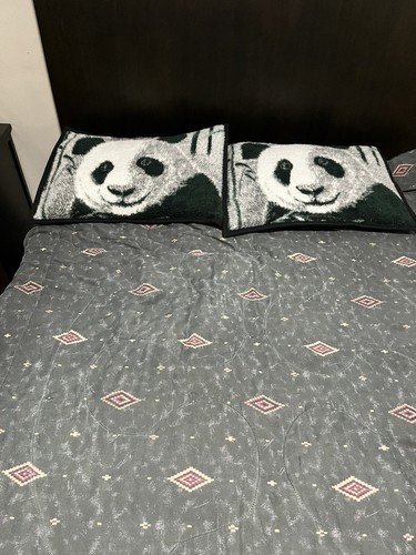 VTG Biederlack Panda Bear Pillow Shams Pair Fleece Plush 20x20 Black White Green - Picture 7 of 11