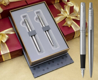 Parker Jotter Stainless Steel Chrome Trim Fountain & Ballpoint Pen Duo Gift Box