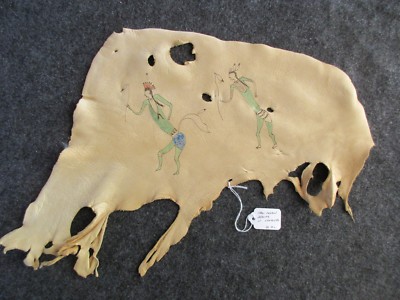 NATIVE AMERICAN PAINTED LEATHER HIDE, PICTOGRAPH, ORIGINAL DRAWING   OTT-535B