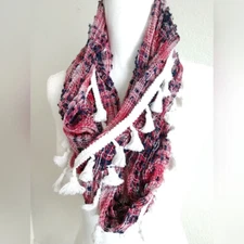 NEW Isa & Stef Infinity Scarf Red Blue with Silver Metallic Shimmer White Tassel
