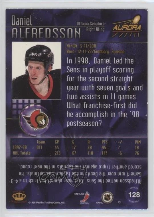1998-99 Pacific Aurora Daniel Alfredsson #128 HOF - Image 2 of 2