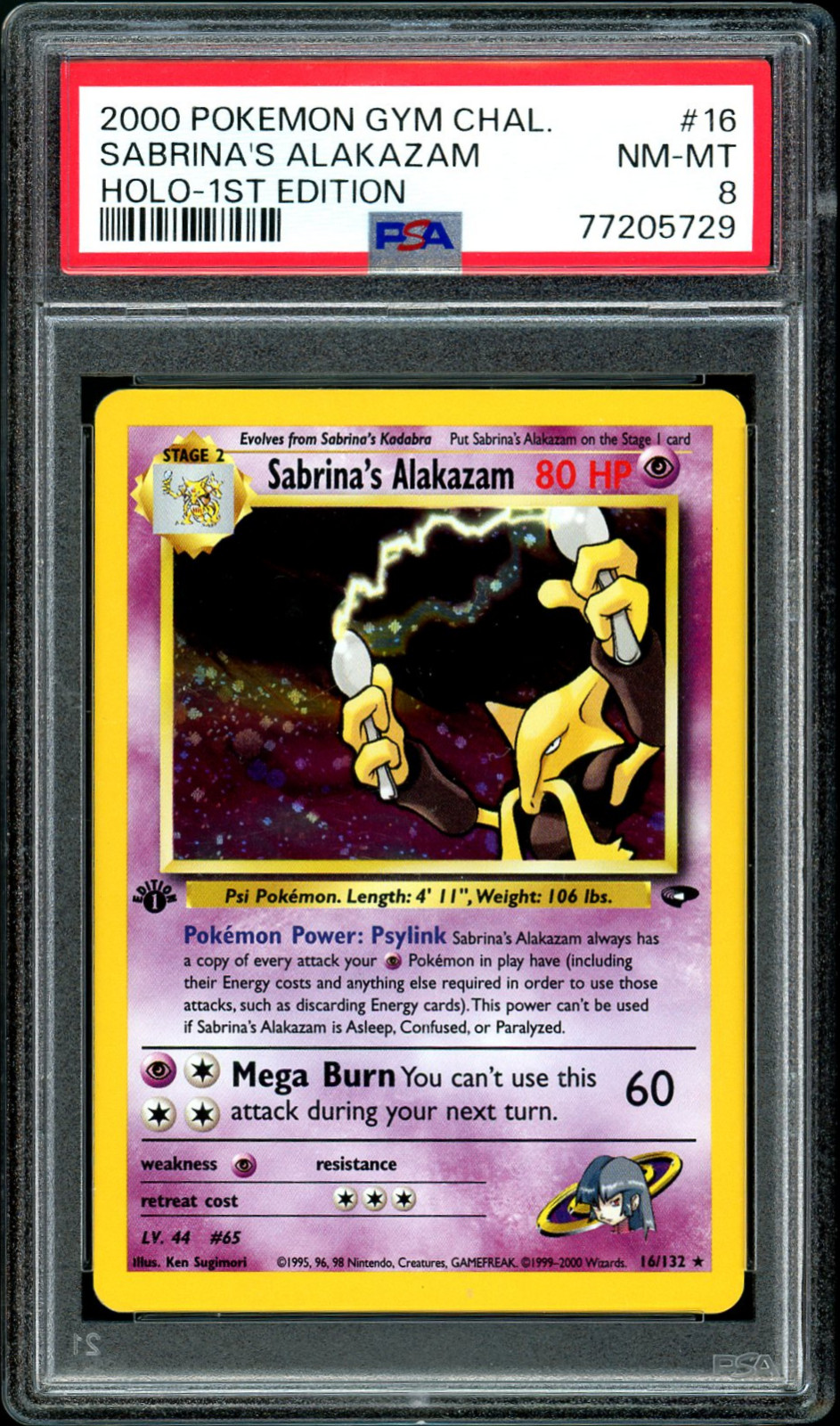 2000 POKEMON GYM CHALLENGE HOLO-1ST EDITION #16 SABRINA'S ALAKAZAM PSA 8