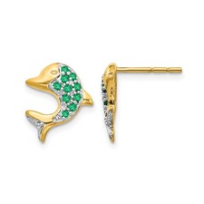 14k Yellow Rhodium Gold Dolphin Stud Earrings Green White Gems Ocean Symbol Wome