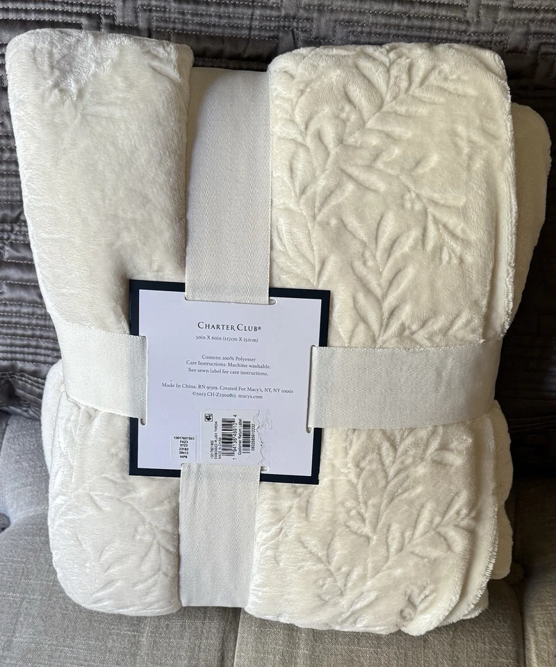 NWT Charter Club Cream Plush Embossed Sherpa Throw 50inchx60inch MachineWashable - Image 2 of 4