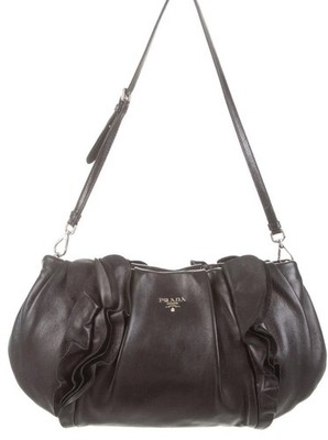 Prada Nappa Gaufre Ruffle Shoulder Bag Black Leather Silver Hardware Italy